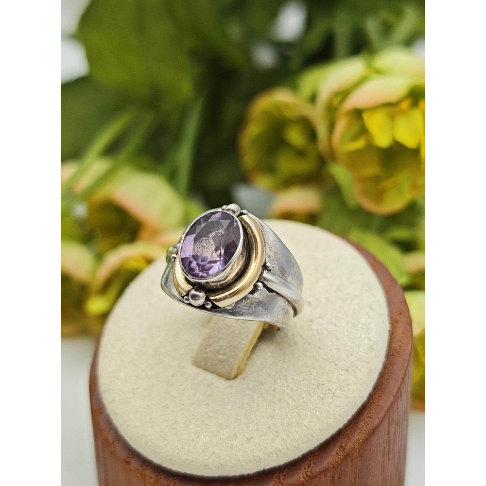 Artisan Modernist Amethyst Ring Unisex 4.5 Silver 18K Gold Brutalist Statement
